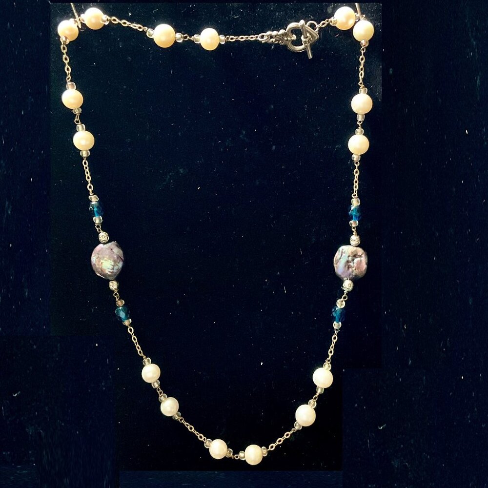20” 6mm pearl necklace w/dark blue Swarovski faceted crystal & Tahitian pearls